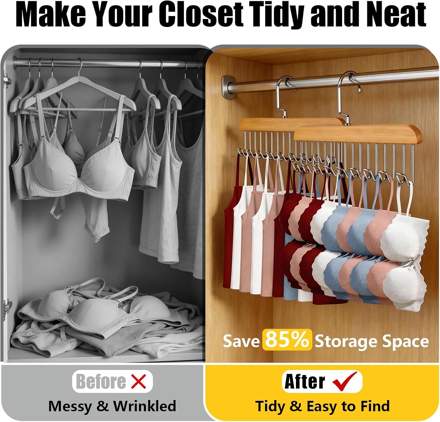 Bra Hangers for Closet Organizer with 16 Metal Hooks Belt Hanger for Closets Space Saving Multi Hook Hanger Non-Slip Tank Top Hanger 360°Rotating Display Belt Organizer for Tie, Hat, Bra Wooden 3 Pack