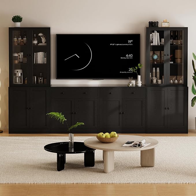 TUSY 71" TV Stand Storage Set - 2 Tall Bookcases & 2 Side Cabinets, Media Console with Glass & Wood Doors, Entertainment Center with Drawers, Tall Media Console for Living Room (Black, AEEA)