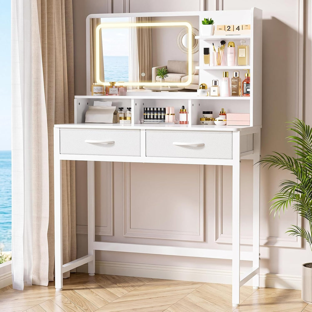 Kitsure 31.5" W Small Vanity Desk with Mirror and Lights, 2 Fabric Drawe...
