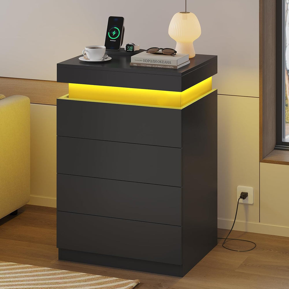 ADORNEVE Black Night Stand with Drawers and LED Lights | Bedside Table with C...