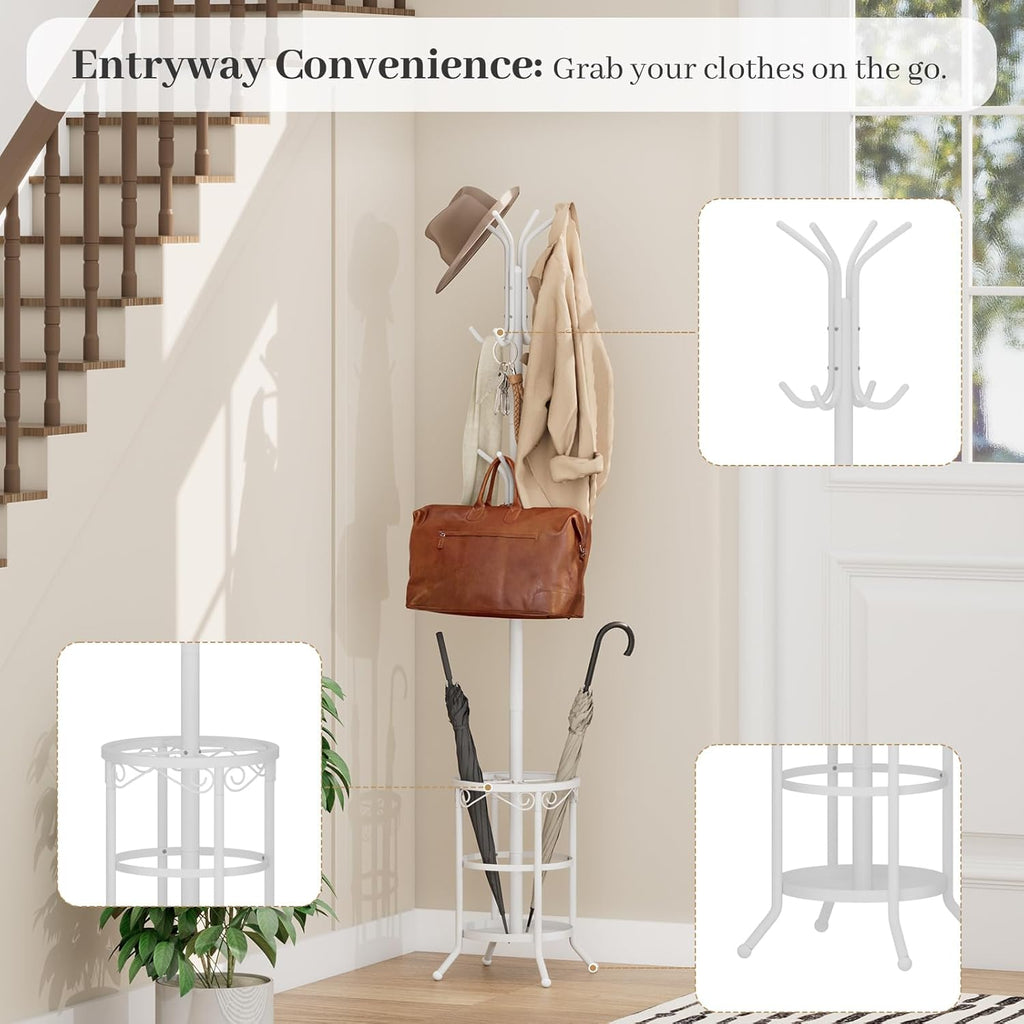 Coat Rack Freestanding with Umbrella Holder – Metal Hanger Stand, Hall Tree with 12 Hooks, Entryway Organizer for Hats, Bags, and Clothes (White)