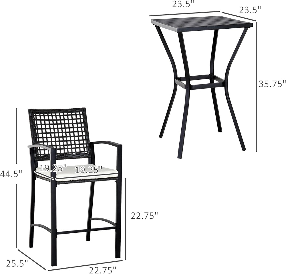 Outsunny 3pcs Patio Bar Set with Soft Cushion, Rattan Wicker for Poolside