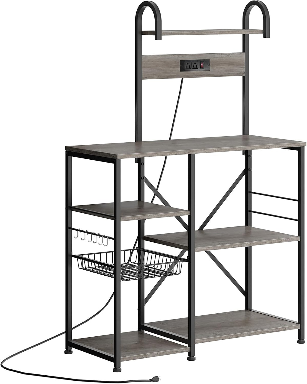 35.4 inch Kitchen Bakers Rack with Power Outlet, Coffee Bar Table & Microwave Oven Stand, Storage Shelf Rack with Wire Basket & 6 S-shaped Hooks for Spices, Pots and Pans - Grey