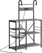 35.4 inch Kitchen Bakers Rack with Power Outlet, Coffee Bar Table & Microwave Oven Stand, Storage Shelf Rack with Wire Basket & 6 S-shaped Hooks for Spices, Pots and Pans - Grey