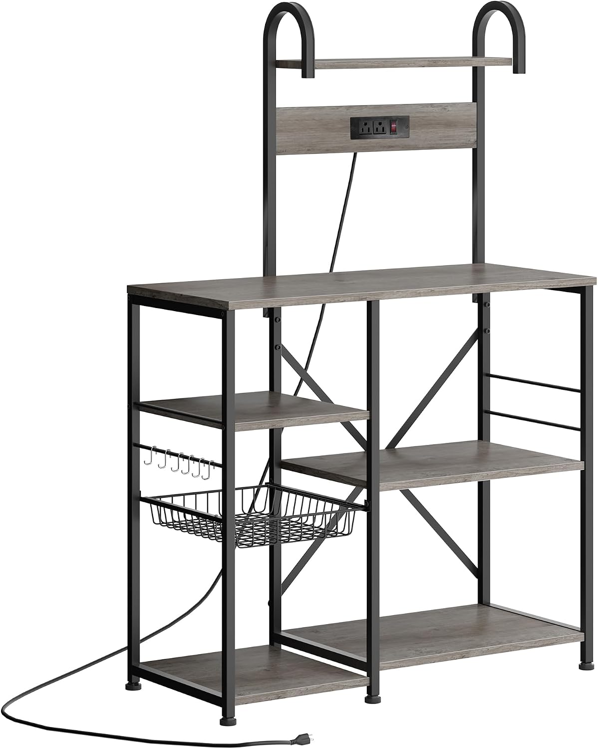 35.4 inch Kitchen Bakers Rack with Power Outlet, Coffee Bar Table & Microwave Oven Stand, Storage Shelf Rack with Wire Basket & 6 S-shaped Hooks for Spices, Pots and Pans - Grey