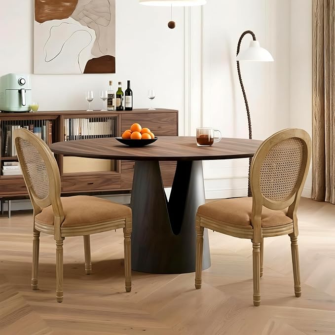 French Country Dining Chairs Set of 4,Farmhouse Upholstered Dining Room Chairs with Round Back and Solid Leg,Rattan Kitchen Chairs for Kitchen/Bedroom/Dining Room,Tan