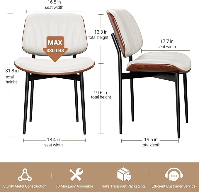 Dining Chairs Set of 2, Mid-Century Modern Upholstered PU Leather Chairs with Walnut Bentwood Back and Metal Legs Adjustable Feet for Kitchen Dining Room, Off-White Shell Strips