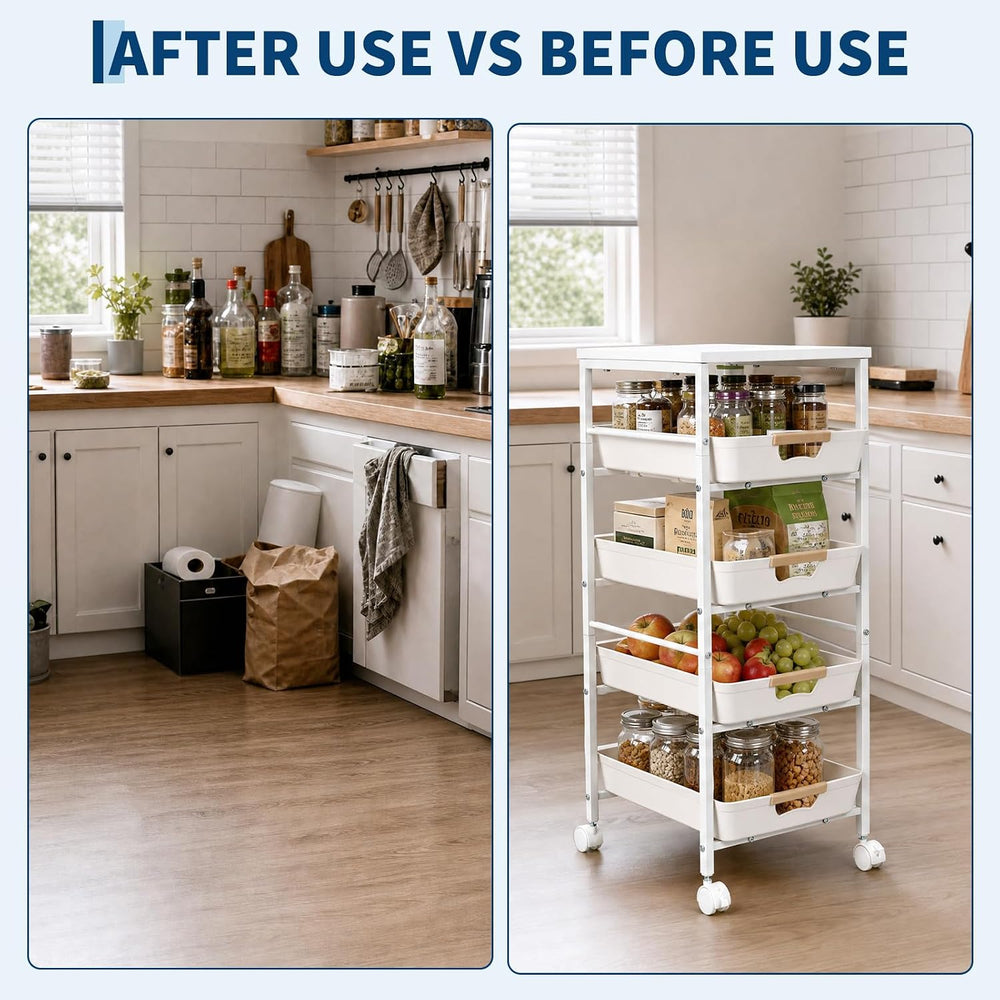 Garvee 5-Tier Slim Rolling Storage Cart, 12.6" Wooden Top Narrow Kitchen...