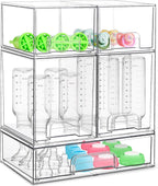 Baby Bottle Organizer for Countertop Food-grade Acrylic Storage for Cabinet | Set of 5 Clear Stackable Organizers with Drawers for Bottles, Plastic Baby Station Organization for Pacifiers, Pump Parts