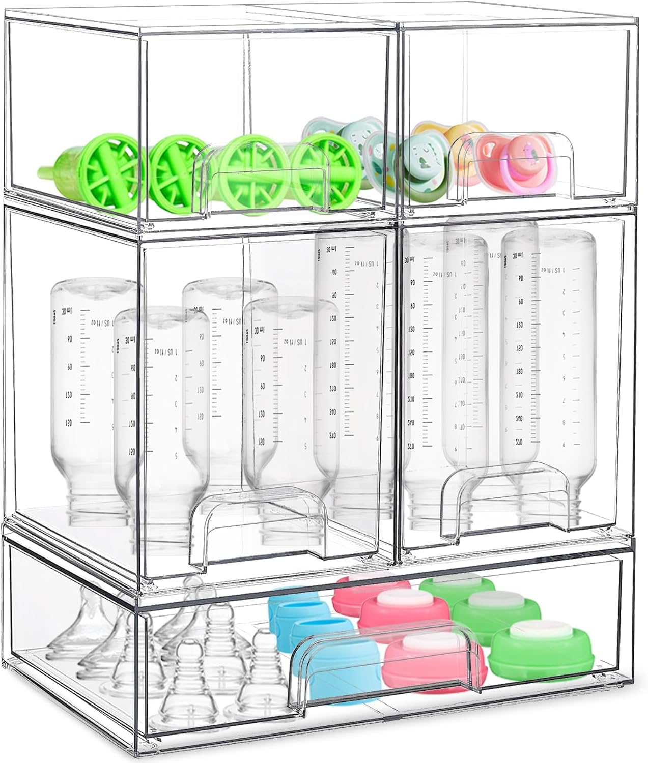 Baby Bottle Organizer for Countertop Food-grade Acrylic Storage for Cabinet | Set of 5 Clear Stackable Organizers with Drawers for Bottles, Plastic Baby Station Organization for Pacifiers, Pump Parts