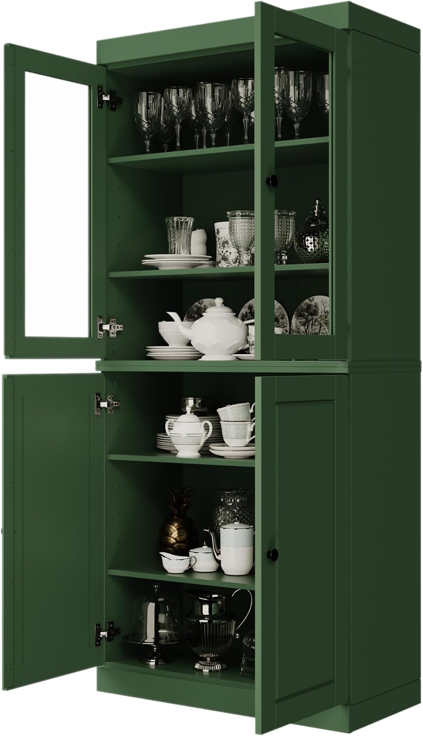 Palace Imports 100% Solid Wood Kitchen Pantry w/ 2 Glass Doors & Bottom W...