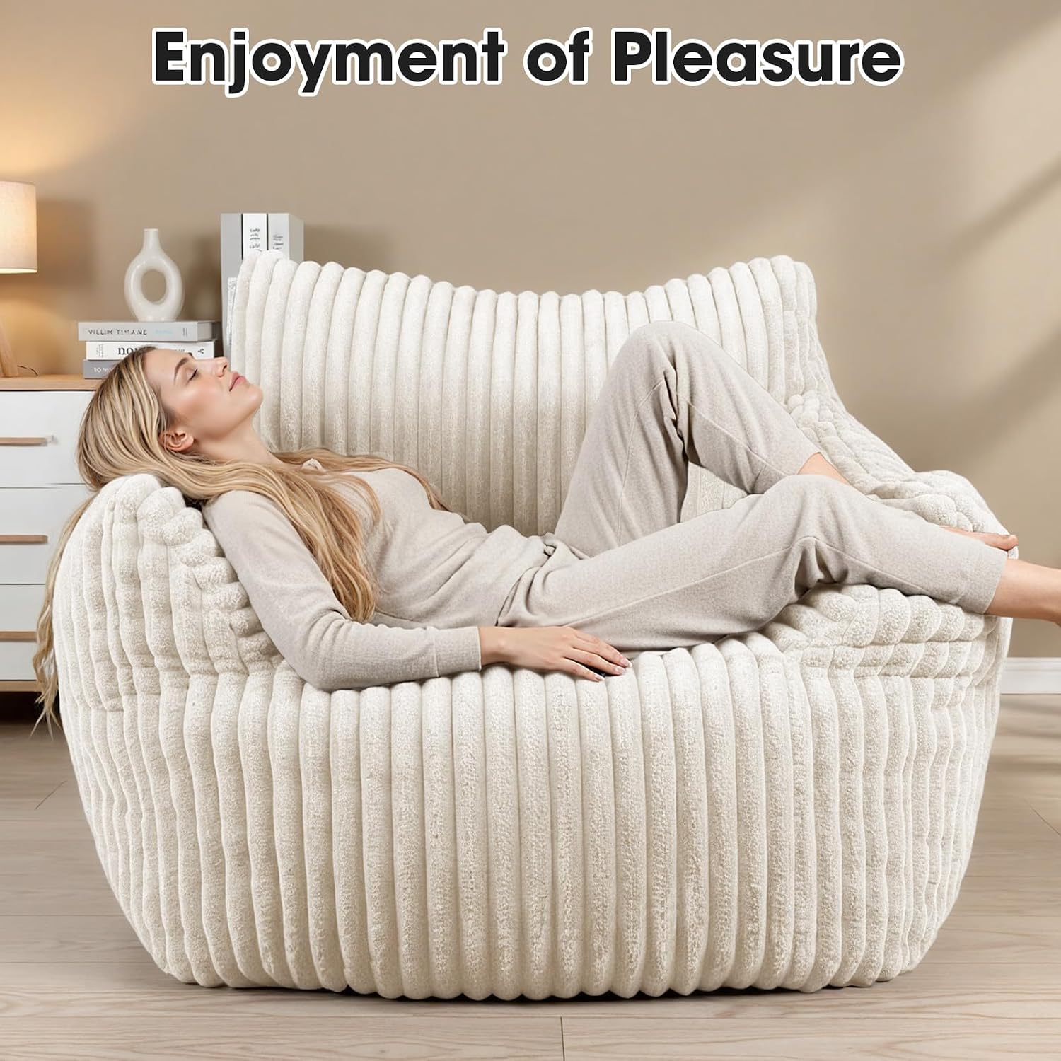 Giant Bean Bag Chair for Adults, Oversized Memory Foam Bean Bag Sofa with Armrests, Large Comfy Fluffy Single Lounges Mini Couch for Living Room, Bedroom & Dorm Beige