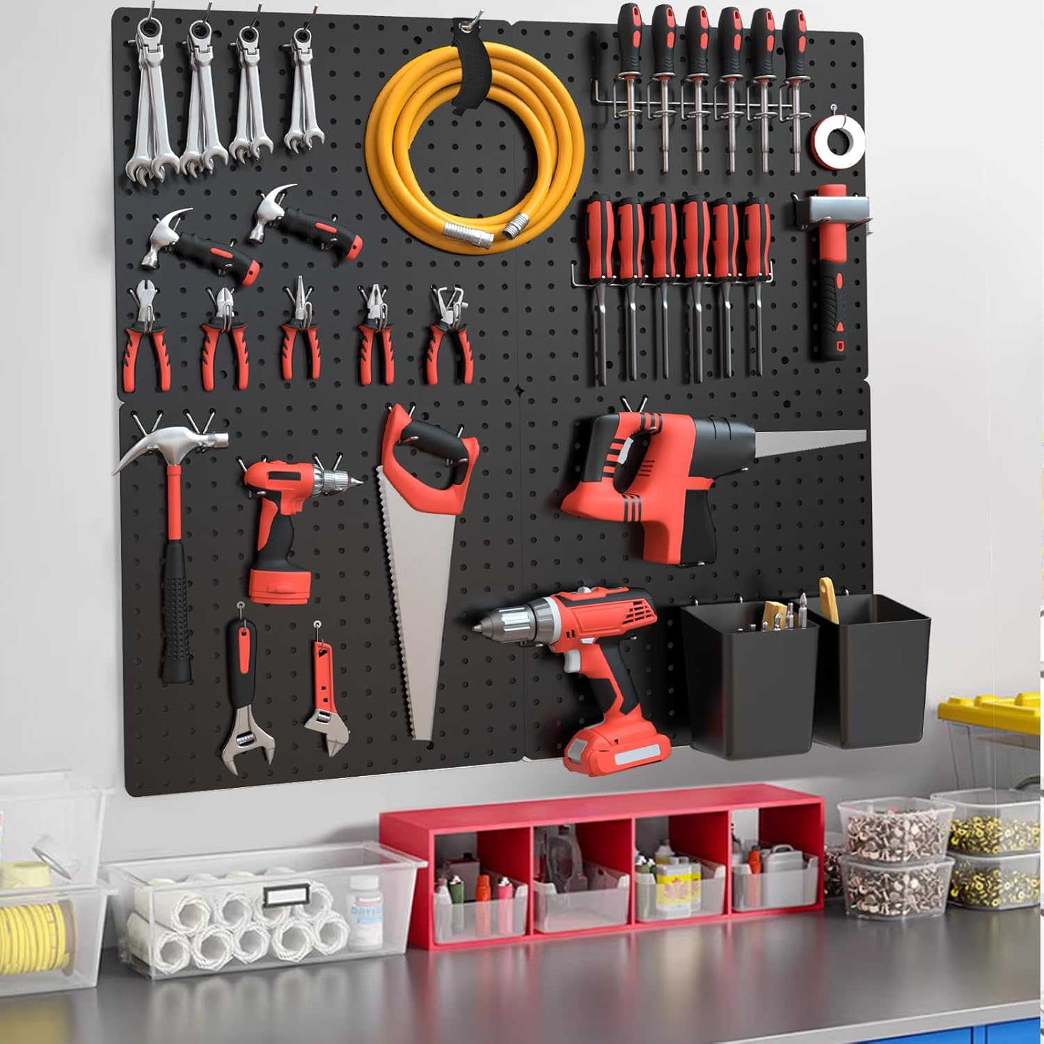 FZK Pegboard 32"*32",Black Pegboard 4pcs and 46 Peg Board Hooks with Strong Ribs Back Holds up for 200Ib,Peg Board Organizer for Walls for Garage Workshop Office