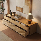 POVISON 71" Fully Assembled Mid Century Modern TV Stand with LED Lights, Media Console with 6 Drawers, Wood Slatted Entertainment Center, No Assembly Required, Fits 65-75 Inch TV
