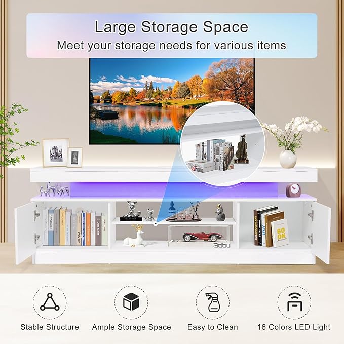 Verano Garden 63" LED TV Stand for 75 Inch TV, High Gloss Entertainment Center with Power Outlet & Light, Modern TV Media Console with 2 Storage Cabinets & Open Shelf for Living Room, Bedroom, White
