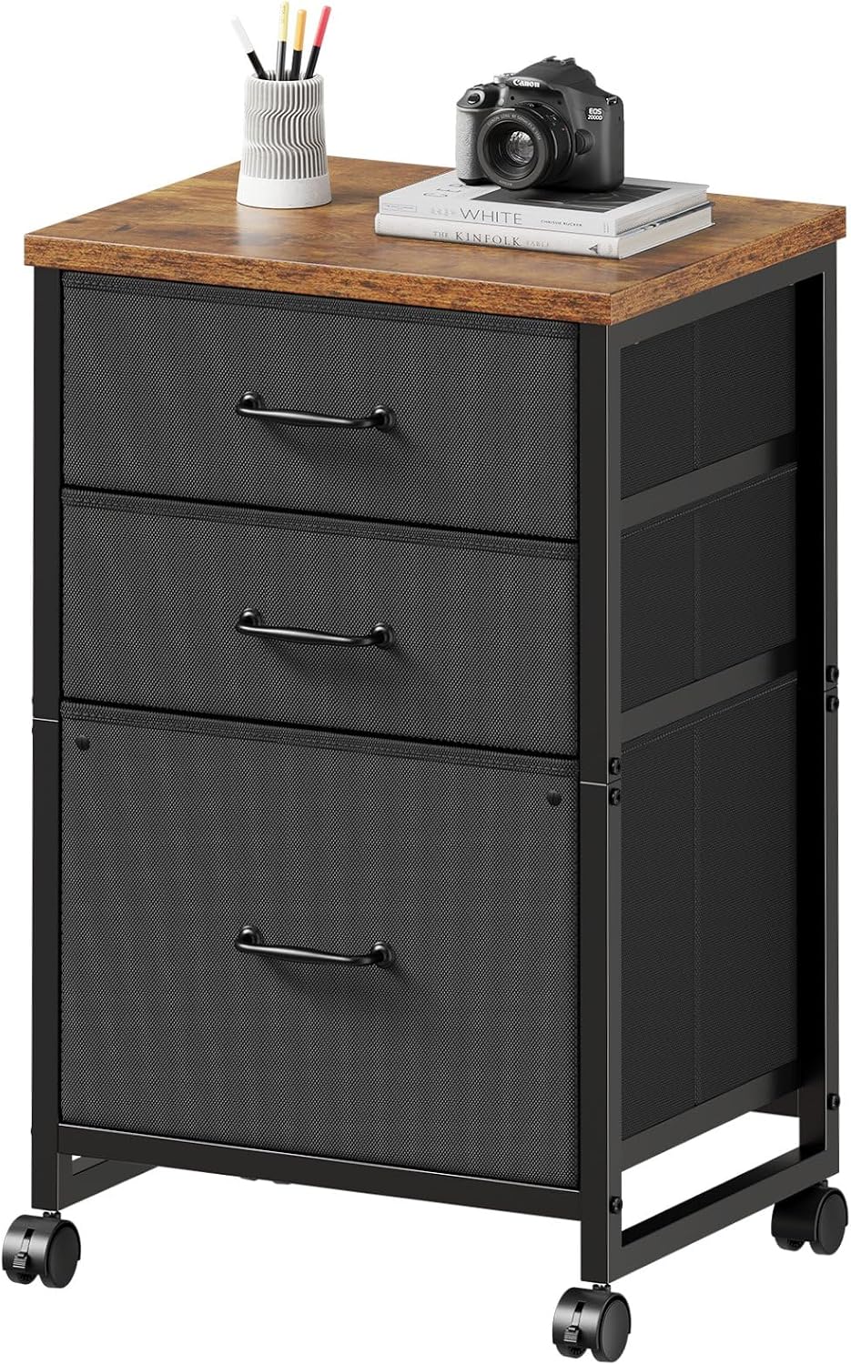 Maihail 3 Drawer File Cabinet with Wheels with Open Storage Shelf, Rustic Brown