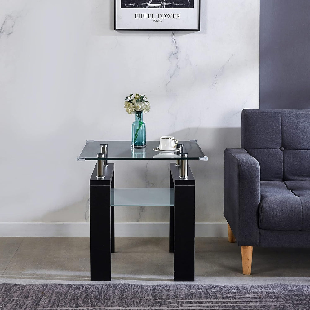 4 Piece Black Living Room Table Set, Rectangular Modern Glass Coffee Table, C...