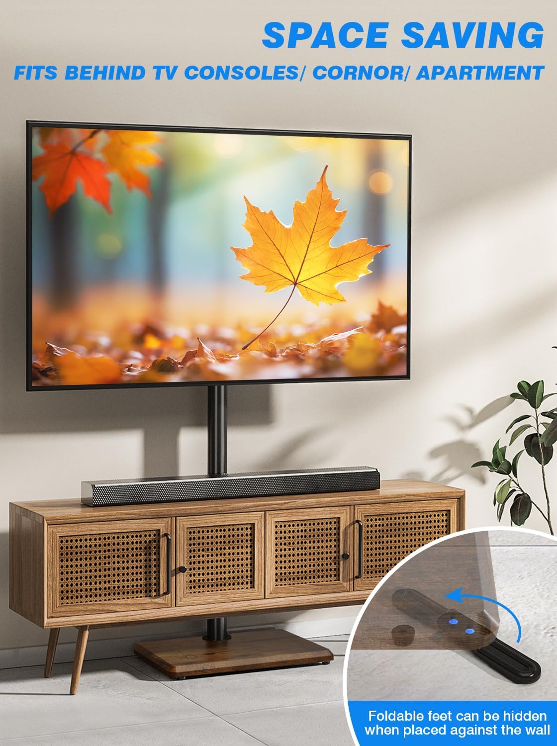 Rfiver Swivel Floor TV Stand with Power Outlet for 32-65 inch TVs, Height Adjustable Tall TV Stand with Wood Base, Hold Up to 88lbs, Saving Space Design for Bedroom, Living Room and Corner (Brown)