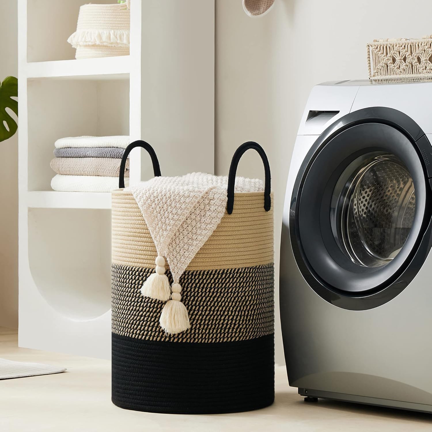 YOUDENOVA Woven Rope Laundry Hamper Basket, 100L Tall Laundry Basket, Baby Nursery Hamper for Blanket Storage, Clothes Hamper for Laundry in Bedroom-Extra Large-Black Brown