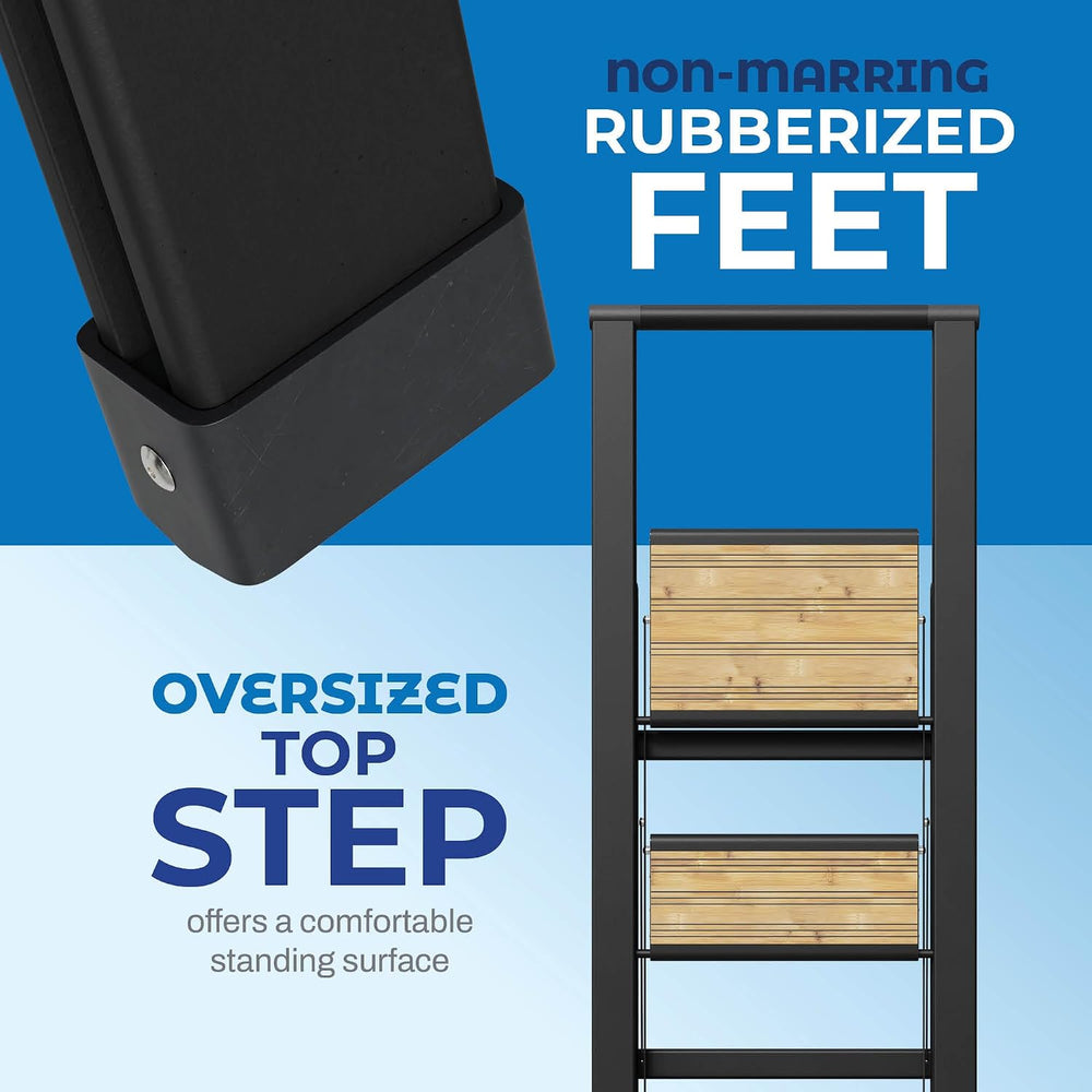 Step Ladder 3 Step Folding, Decorative - Beautiful Bamboo & Black Aluminu...