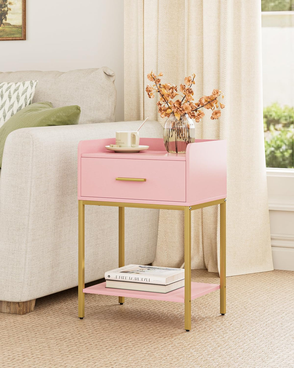 Nightstand, Modern Bedside Table with Drawer and Legs,Pink and Gold Night Sta...