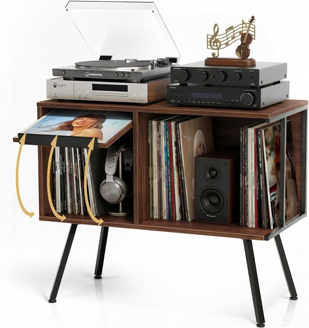 Faesun Record Player Stand with Flip-Down Record Shelf, Walnut | Vinyl Record...