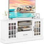 GOFLAME Farmhouse TV Stand for TVs up to 70", Entertainment Media Center Storage Cabinet with Glass Doors, Open Shelves & Drawer, Wooden Television Console Table for Living Room (White)