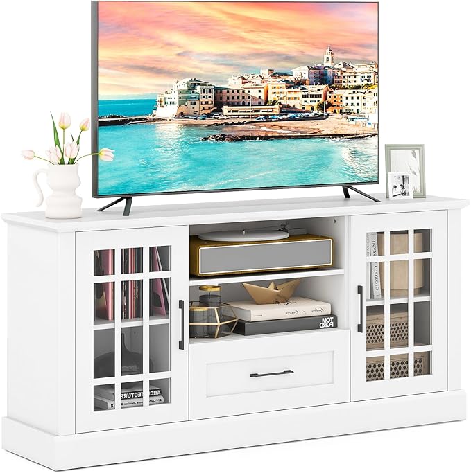 GOFLAME Farmhouse TV Stand for TVs up to 70", Entertainment Media Center Storage Cabinet with Glass Doors, Open Shelves & Drawer, Wooden Television Console Table for Living Room (White)