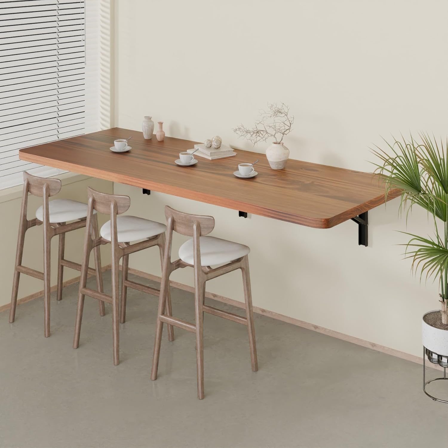 IAE Floating Wall Mounted Folding Table Desk with Pine Wood,55" x 22" Foldable Workbench,Fold Down Wall Mounted Foldable Desk with Shelf Brackets,Laundry Folding Table for Home,Dining,Kitchen,Teak