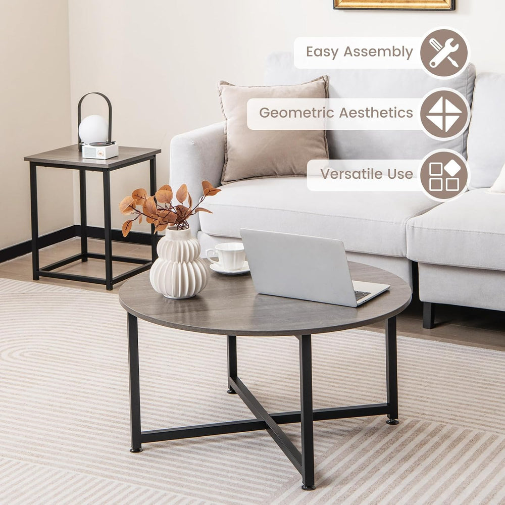 COSTWAY Coffee Table Set of 3, Wood Grain Round Coffee Table and 2 Square End...