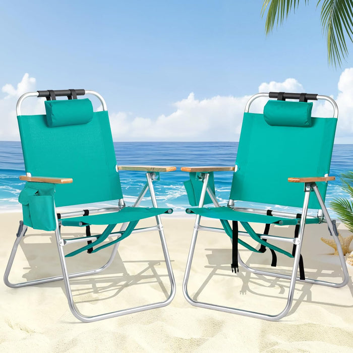 Bonnlo 17“ Lightweight High Backpack Beach Chair, 2 Pack Portable Tall Beach Chairs for Adults with Side Bag. 3 Level Adjustable Positions for Camping Patio and Picnic