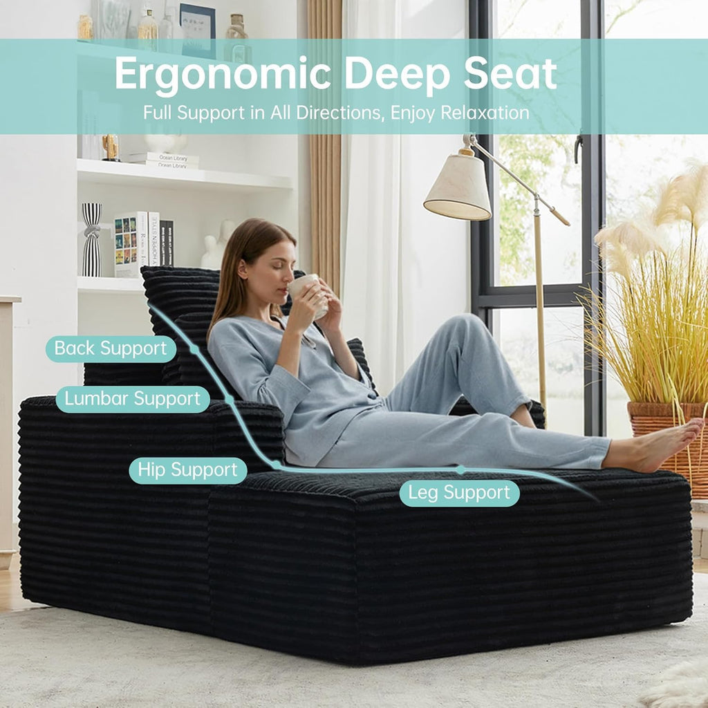 Boneless Chaise Lounge Chair, 54" Oversized Cloud Couch Sofa with Deep Seat, Plush Corduroy Reading Chair for Living Room, Bedroom, Reading Nook, Apartment, Gaming Room & Movie Nights, Black