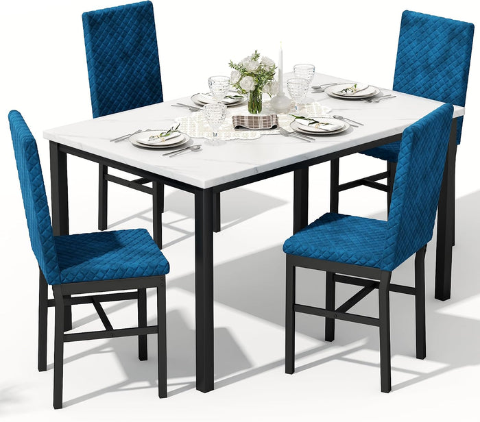 Recaceik Dining Table Set for 4, Kitchen Table and Chairs Set of 4 Modern Faux Marble Dinner Tabletop with Upholstered Velvet Chairs for Apartment Small Space