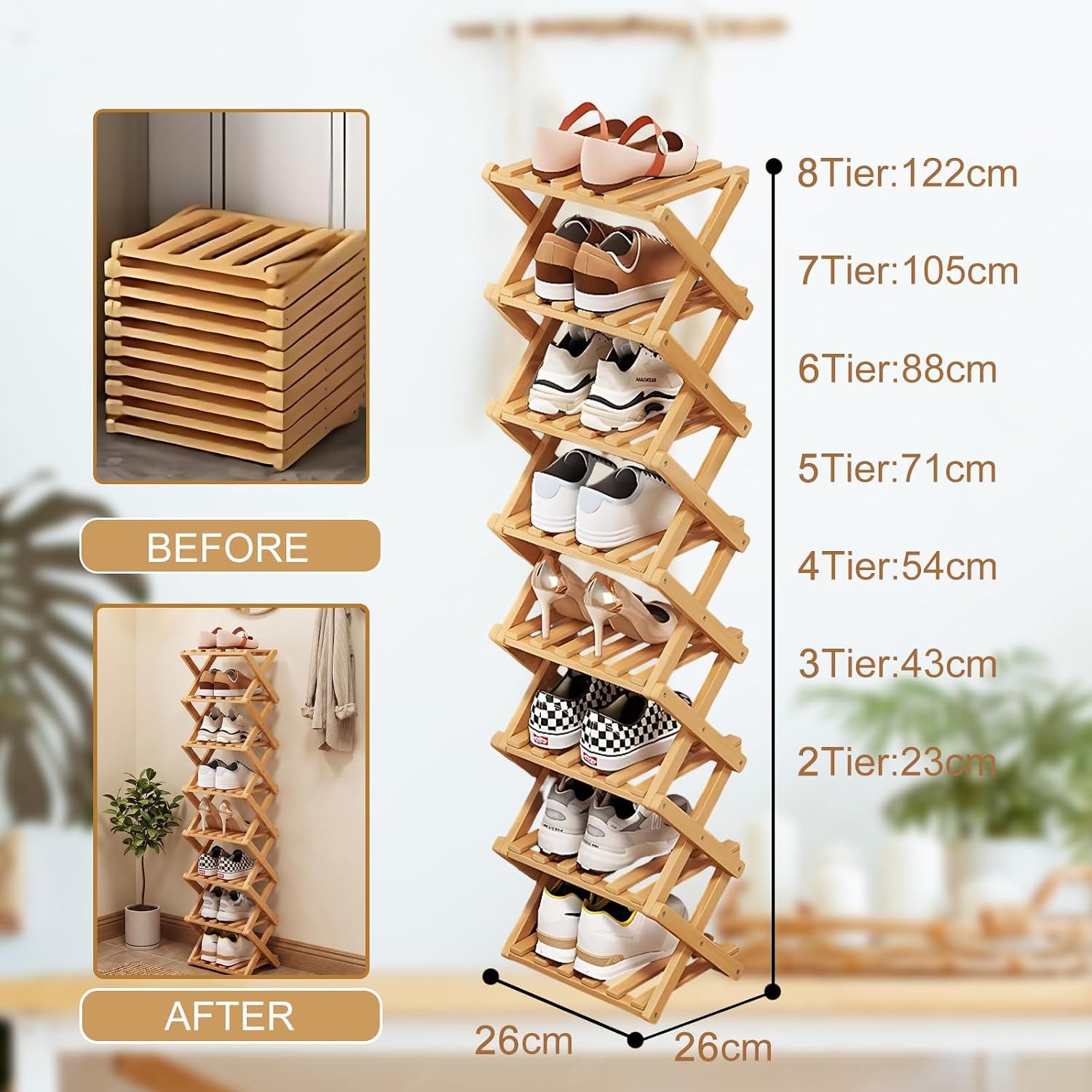 Bamboo Shoe Rack, Portable Folding Storage Rack, No Installation | Eight Layers Of Primary Colors, Free Standing Design, Ideal For Entryway, Closet, Dorm, Small Spaces