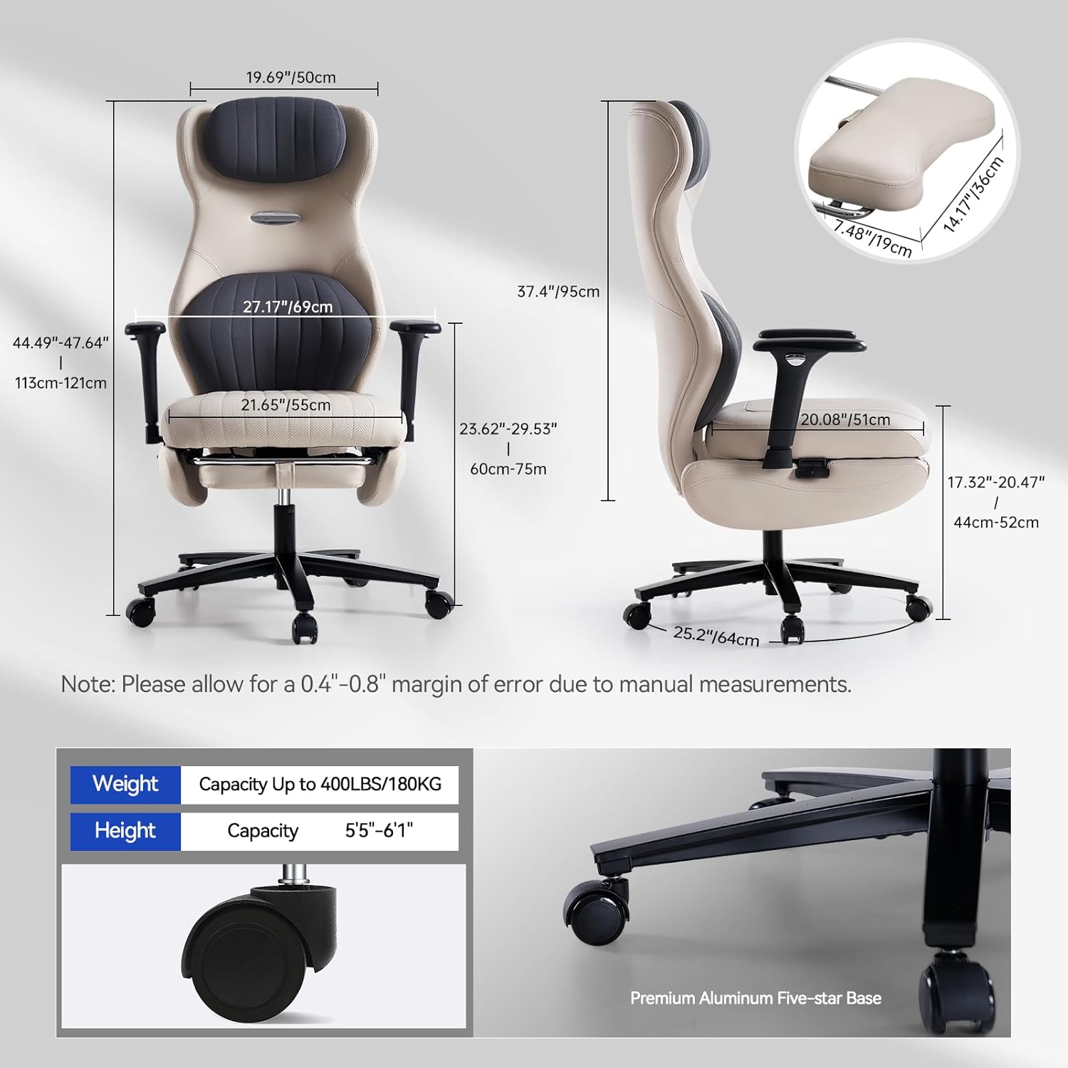 EMIAH Ergonomic Office Chair with Foot Rest Reclining Office Chair with Adjustable Arms and Headrest High Back Gaming Chair with Lumbar Support, PU Leather(Beige)