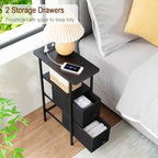 Narrow End Tables Living Room Set of 2 with Charging Station, Skinny Side Table with Fabric Drawers, Slim Nightstand for Bedroom, Small Spaces, Couch, Black, HETNDP02BK