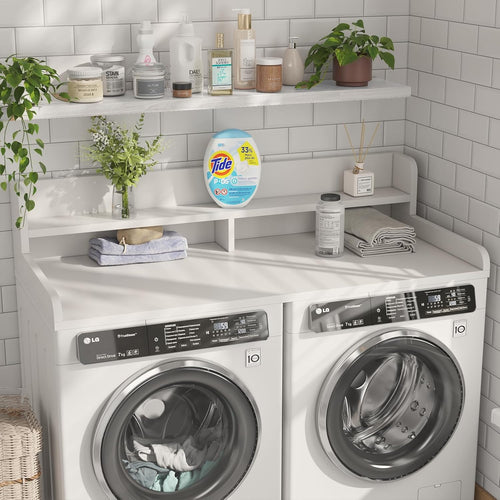 2-Tier Washer Dryer Countertop with 2.75" H Edge Rails, 58" W x 28" D Laundry Countertop for Folding Clothes, Washer and Dryer Topper with Non-Slip Pad (White)
