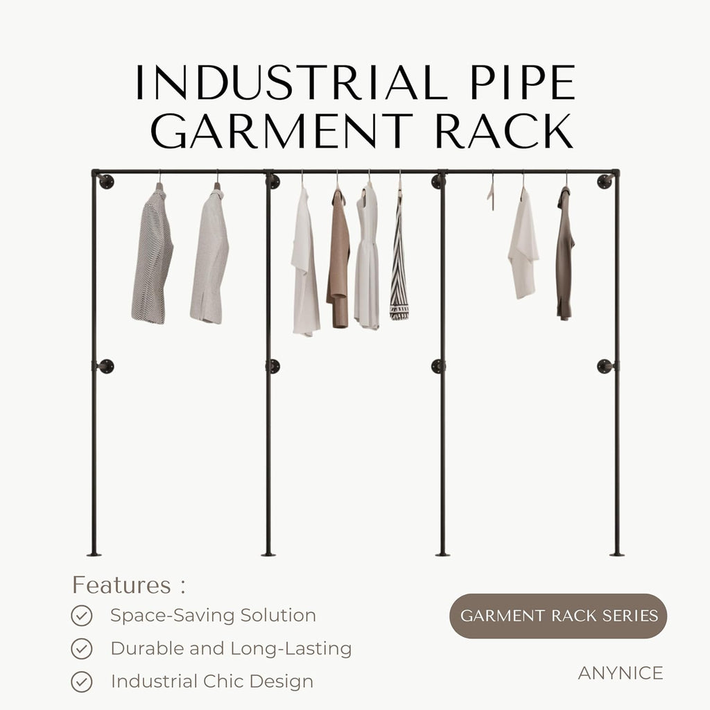 Industrial Pipe Clothing Rack, Heavy Duty Wall Mounted Clothes Rack, Retail Display Hanging Garment Rod for Laundry Rooms, Closet Storage 14.6x110x82.7 Inches, Model K07