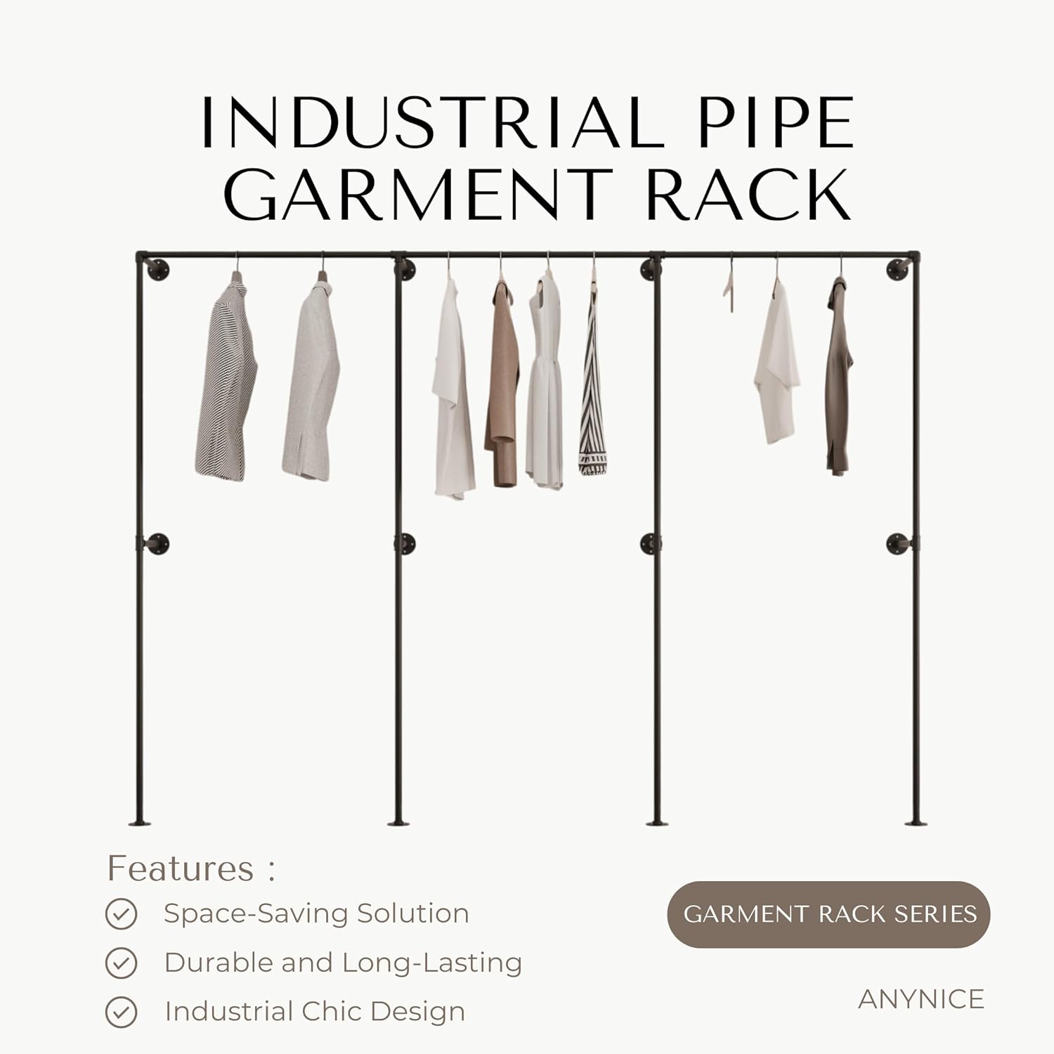 Industrial Pipe Clothing Rack, Heavy Duty Wall Mounted Clothes Rack, Retail Display Hanging Garment Rod for Laundry Rooms, Closet Storage 14.6x110x82.7 Inches, Model K07