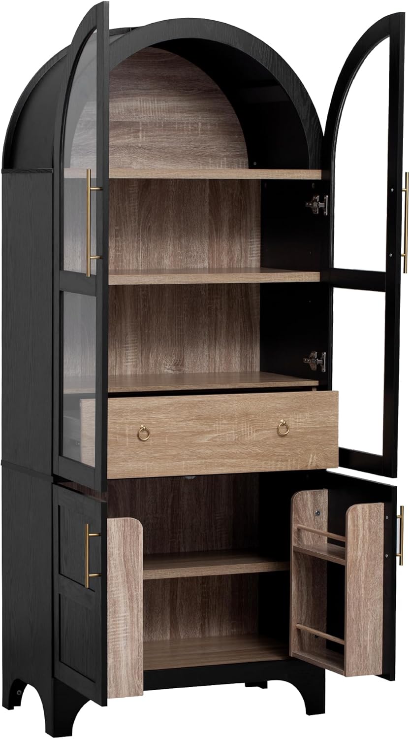 71'' Tall Arched Cabinet with Glass Doors, Farmhouse Kitchen Pantry C...