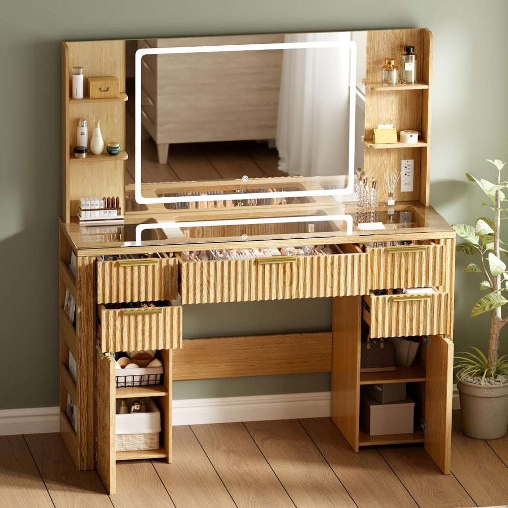 47.2" Fluted Makeup Vanity Desk with Large, 28.7" Mirror and Lights...