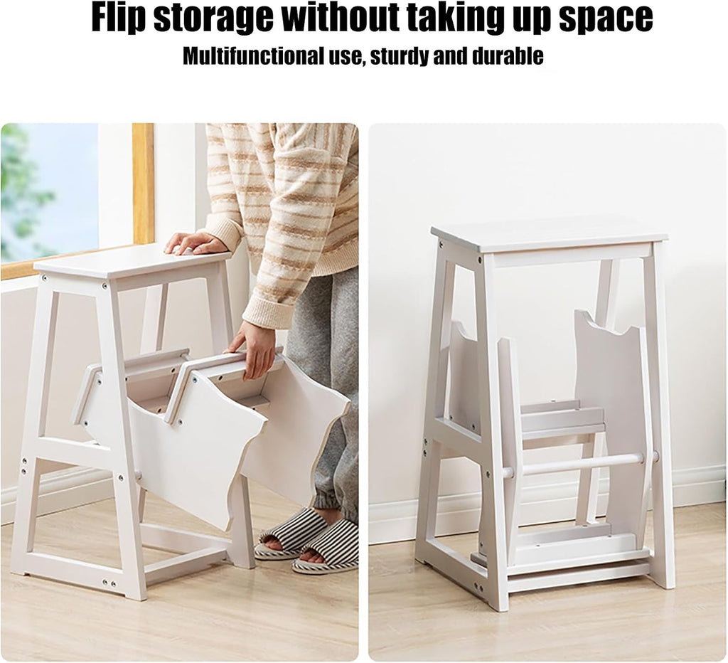 LYNICESHOP Folding Library Ladder Chair, 3-Step Wooden Folding Chair Lightweight Portable Multifunctional Step Stool, Stool Stepladders Display Stand and Flower Stand (White)