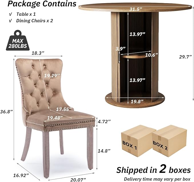 SoarFlash Kitchen Table and Chairs for 2, 31.5" Dining Table Set for 2 with Upholstered Chairs, 3 Piece Kitchen Table Set with Storage Shelf for Small Space, Apartment