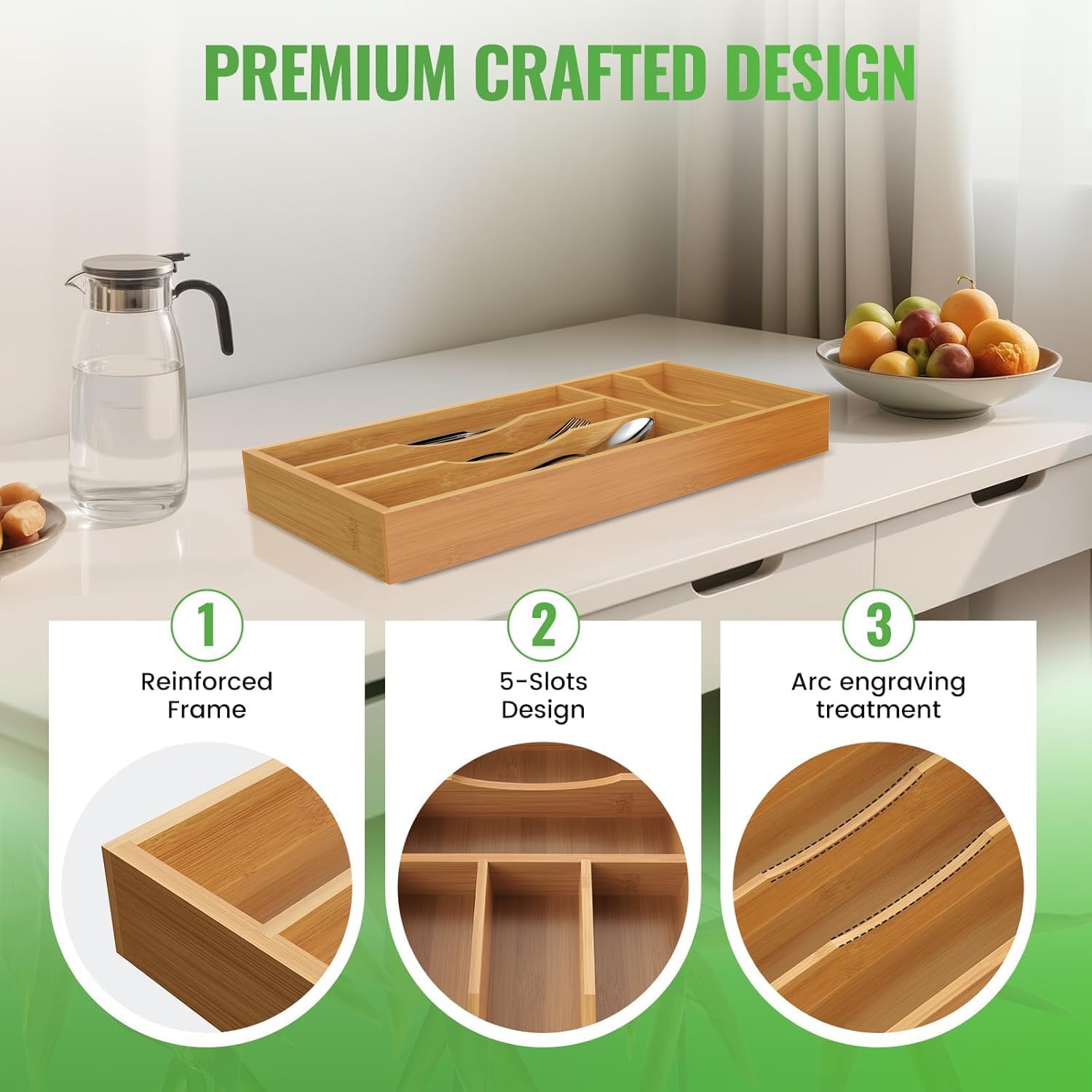 Small Silverware Organizer, Bamboo Kitchen Drawer Cutlery Organizer, Utensil Holder, Flatware Organizer Tray (6.7"x14.2"x1.6")