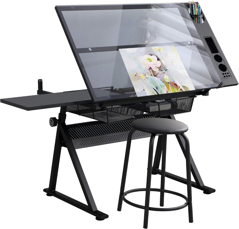 Height Adjustable Drafting Tables, Glass Drawing Art Table, Tilting Tabletop ...