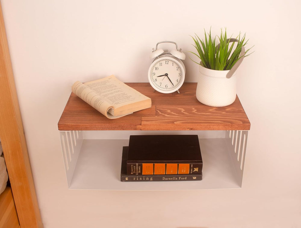 Floating Nightstand with White Metal Base, Wooden Top and Sturdy Metal Base, ...