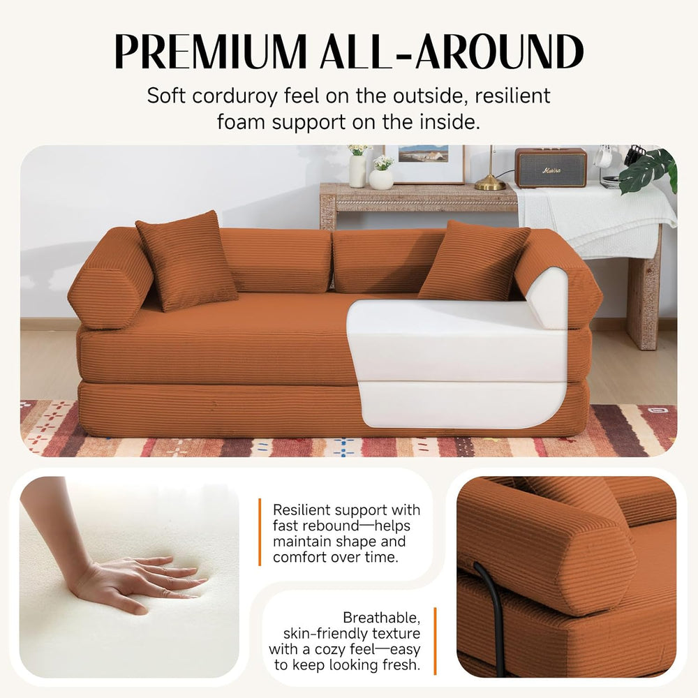 79" Corduroy Sofa Bed, Couch in a Box with 2 Pillows, High-Density Foam ...