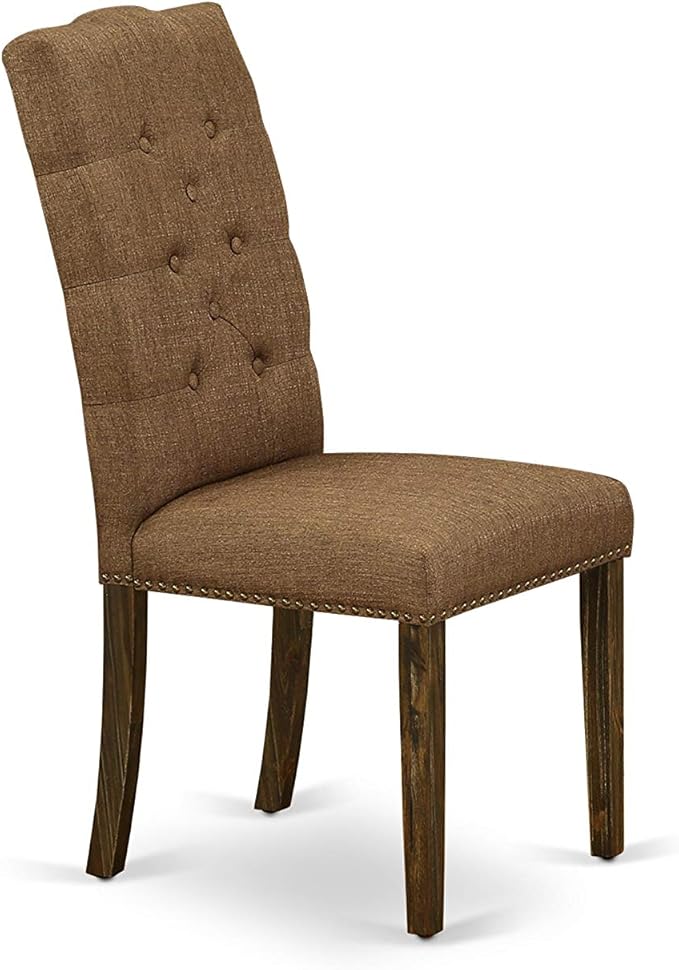 East West Furniture F2EL7-718 7 Piece Dining Table Set Consist of a Round Kitchen Table with Pedestal and 6 Brown Linen Linen Fabric Parson Dining Room Chairs, 48x48 Inch, Distressed Jacobean