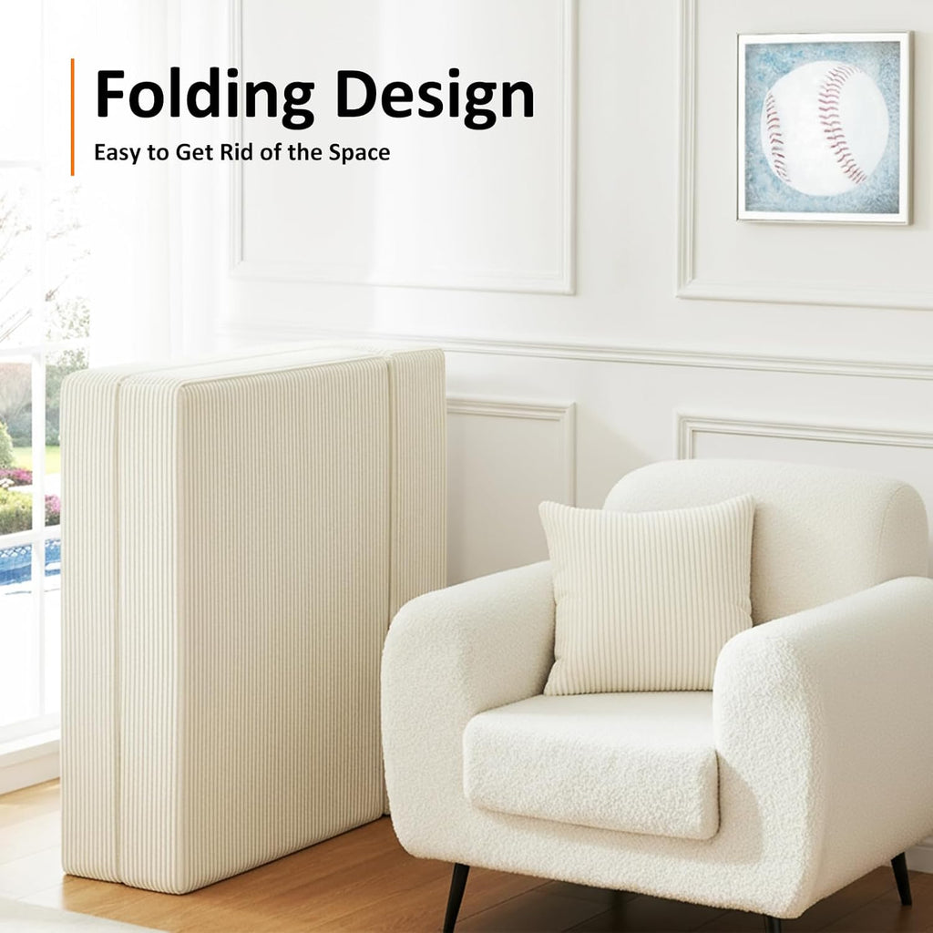 Single Size Folding Sofa Bed - 4 in 1 Convertible Sleeper Chair - High Density Memory Foam Futon Couch - Foldable Bed for Living Room Bedroom (Beige)