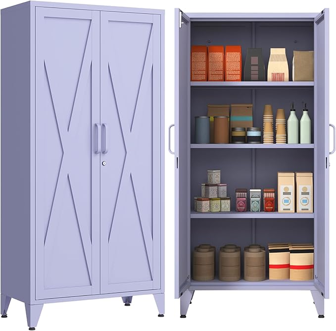 Heavy Duty 61" Lockable Pantry Cabinet, 2-Door 4-Tier Storage Cabinet with 3 Adjustable Shelves, Purple Metal Kitchen Cabinet for Kitchen, Living Room, School Tool Storage, 61"H X 27.6"W X 13.8"D